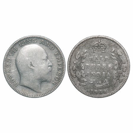 Edward VII, Silver, Half Rupee, 1908, Calcutta Mint, No mint mark. F. Prid 312. GK 968. Ve