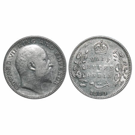Edward VII, Silver, Half Rupee, 1910, Bombay Mint, 'B' incused and dot. F. Prid 317. GK 97