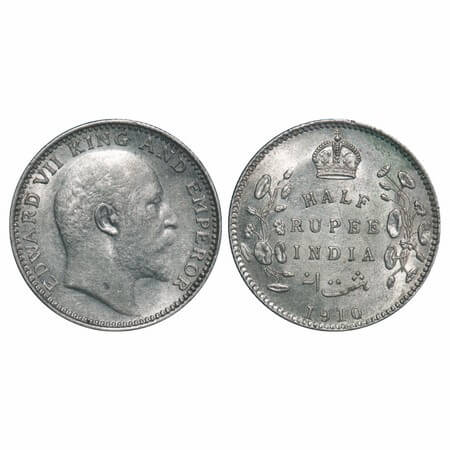 Edward VII, Silver, Half Rupee, 1910, Calcutta Mint, No mint mark. F. Prid 314. GK 971. Un
