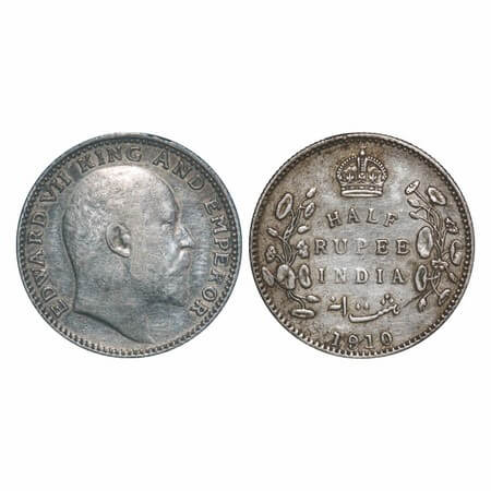Edward VII, Silver, Half Rupee, 1910, Calcutta Mint, No mint mark. F. Prid 314. GK 971. Ve