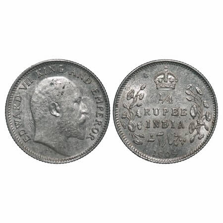 Edward VII, Silver, 1/4 Rupee, 1904, Calcutta Mint, No mint mark. F. Prid 433. GK 973. Abo