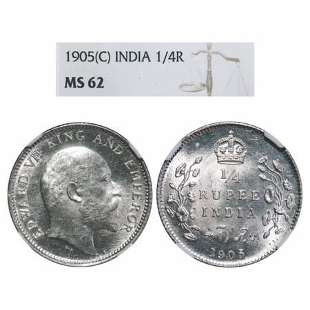 Edward VII, Silver, 1/4 Rupee, 1905, Calcutta Mint, No mint mark. F. Prid 434. GK 974. NGC