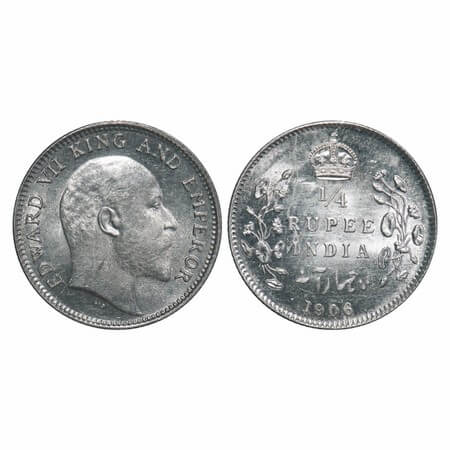Edward VII, Silver, 1/4 Rupee, 1906, Calcutta Mint, No mint mark, Struck through Error on 
