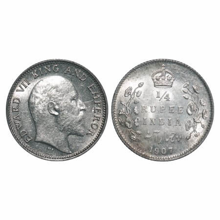 Edward VII, Silver, 1/4 Rupee, 1907, Calcutta Mint, No mint mark, Ghost on Rev, Die cracks