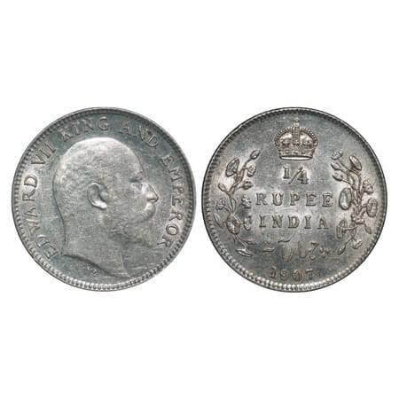 Edward VII, Silver, 1/4 Rupee, 1907, Calcutta Mint, No mint mark. F. Prid 436. GK 976. Alm