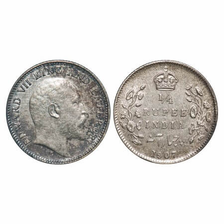 Edward VII, Silver, 1/4 Rupee, 1907, Calcutta Mint, No mint mark. F. Prid 436. GK 976. Abo