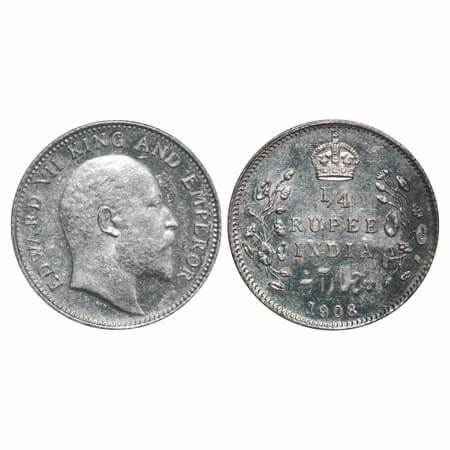 Edward VII, Silver, 1/4 Rupee, 1908, Calcutta Mint, No mint mark. F. Prid 437. GK 977. Bri