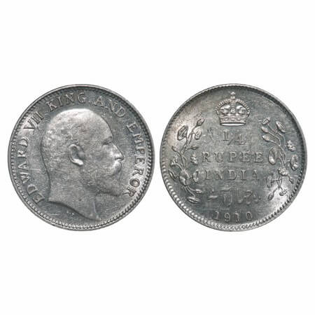 Edward VII, Silver, 1/4 Rupee, 1910, Calcutta Mint, No mint mark. F. Prid 439. GK 978. Unc