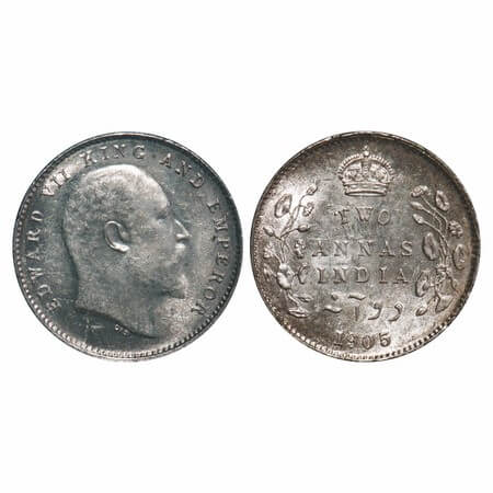 Edward VII, Silver, 2 Annas, 1905, Calcutta Mint, No mint mark, Die crack on Obv. F. Prid 