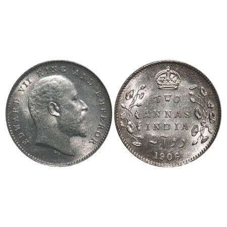 Edward VII, Silver, 2 Annas, 1906, Calcutta Mint, No mint mark, Ghost on Rev. F. Prid 559.