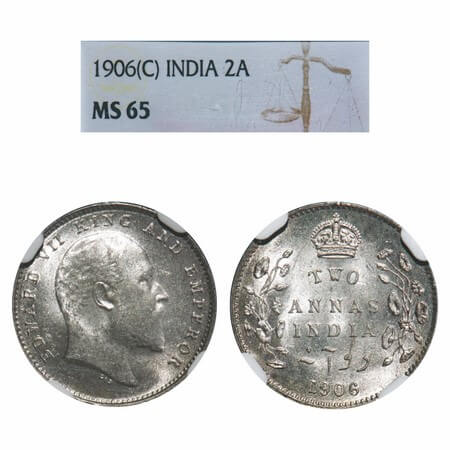 Edward VII, Silver, 2 Annas, 1906, Calcutta Mint, No mint mark. F. Prid 559. GK 983. NGC S