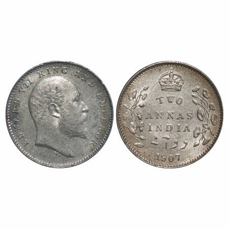 Edward VII, Silver, 2 Annas, 1907, Calcutta Mint, No mint mark, Ghost on Rev. F. Prid 560.