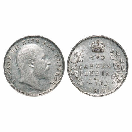 Edward VII, Silver, 2 Annas, 1910, Bombay Mint, Dot, Ghost on Rev. F. Prid Unlisted. GK 98