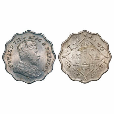Edward VII, Copper-Nickel, 1 Anna, 1907, Bombay Mint, 'B' incused. F. Prid 926. GK 990. Ab