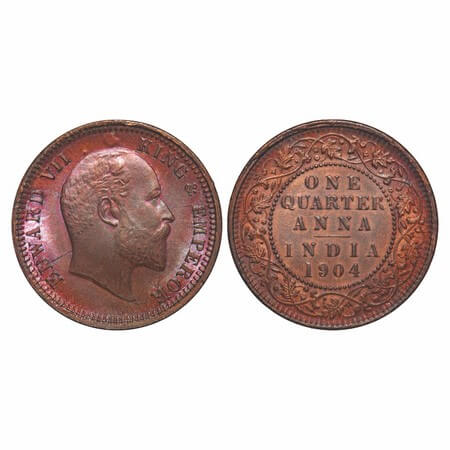 Edward VII, Copper, Quarter Anna, 1904, Calcutta Mint, No mint mark, Multiple die cracks o