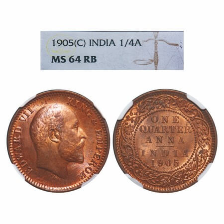 Edward VII, Copper, Quarter Anna, 1905, Calcutta Mint, No mint mark. F. Prid 649. GK 996. 