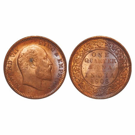 Edward VII, Copper, Quarter Anna, 1906, (6.44g), Calcutta Mint, No mint mark. F. Prid 650.