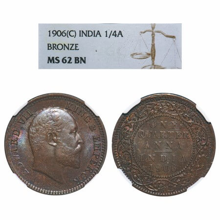 Edward VII, Bronze, Quarter Anna, 1906, Calcutta Mint, No mint mark. F. Prid 651. GK 998.