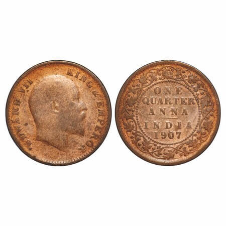 Edward VII, Bronze, Quarter Anna, 1907, Calcutta Mint, No mint mark, Ghost on Rev. F. Prid