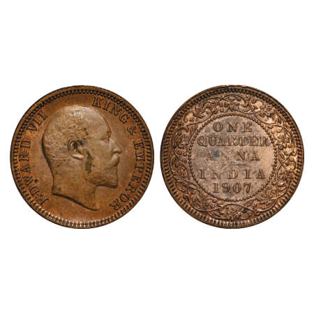 Edward VII, Bronze, Quarter Anna, 1907, Calcutta Mint, No mint mark. F. Prid 652. GK 999. 