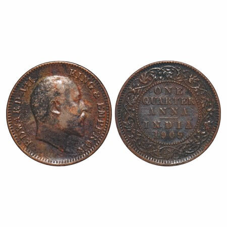 Edward VII, Bronze, Quarter Anna, 1909, Calcutta Mint, No mint mark. F. Prid 654. GK 1001.