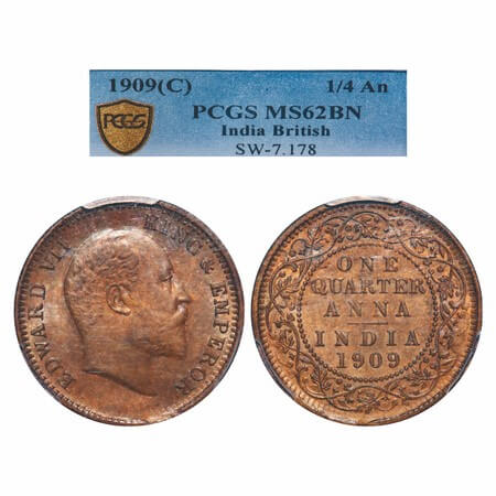 Edward VII, Bronze, Quarter Anna, 1909, Calcutta Mint, No mint mark. F. Prid 654. GK 1001.