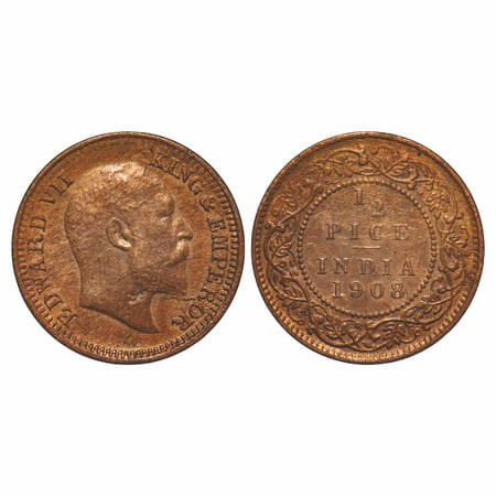 Edward VII, Bronze, 1/2 Pice, 1908, Calcutta Mint, No mint mark, Die crack on Obv. F. Prid