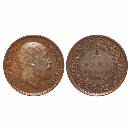 Edward VII, Bronze, 1/12 Anna, 1906, (1.55g), Calcutta Mint, No mint mark. F. Prid 822. GK