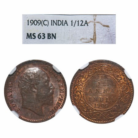 Edward VII, Bronze, 1/12 Anna, 1909, Calcutta Mint, No mint mark. F. Prid 825. GK 1019. NG