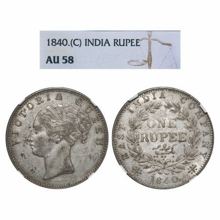Victoria Queen, Silver, Rupee, 1840, CL, Calcutta Mint, A/I(i), English Head, With two lea