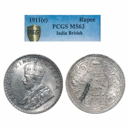George V, Silver, Rupee, 1911, Calcutta Mint, No dot, Pig-Type. F. Prid. GK 1021. PCGS Sla
