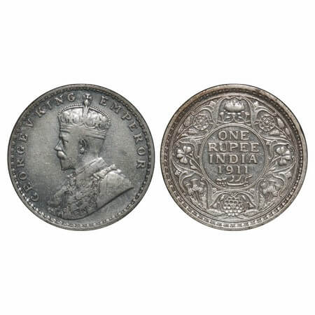 George V, Silver, Rupee, 1911, Calcutta Mint, No dot, Pig-Type. F. Prid 207. GK 1021. Very