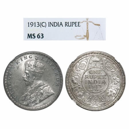 George V, Silver, Rupee, 1913, Calcutta Mint, No dot, Elephant. F. Prid 209. GK 1027. NGC 