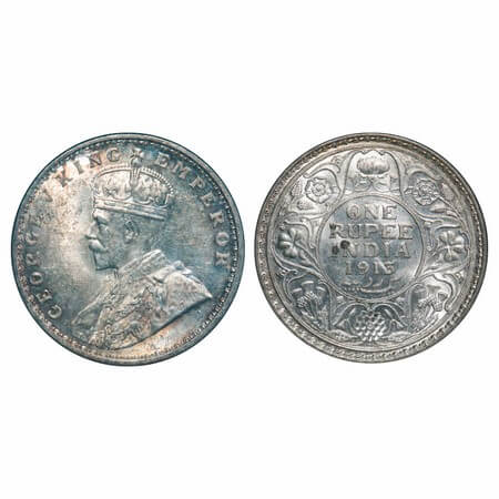 George V, Silver, Rupee, 1913, Bombay Mint, Dot. F. Prid 219. GK 1028. Brilliant Uncircula
