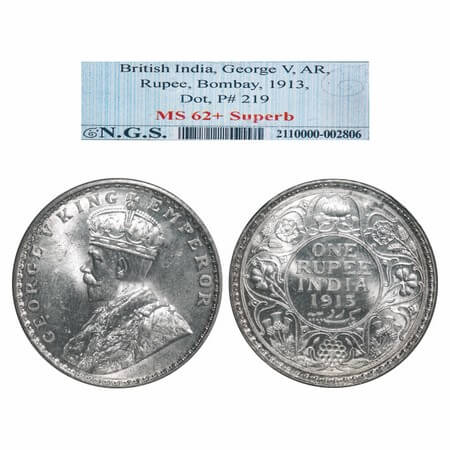 George V, Silver, Rupee, 1913, Bombay Mint, Dot, Elephant. F. Prid 219. GK 1028. NGS Slabb