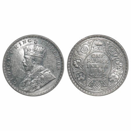 George V, Silver, Rupee, 1914, Calcutta Mint, No dot. F. Prid 210. GK 1029. Uncirculated. 