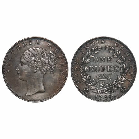 Victoria Queen, Silver, Rupee, 1840, CL, Calcutta Mint, A/IV, English Head, With bud leave