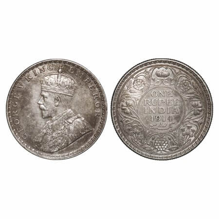 George V, Silver, Rupee, 1914, Bombay Mint, Dot, Elephant. F. Prid 220. GK 1030. About Unc