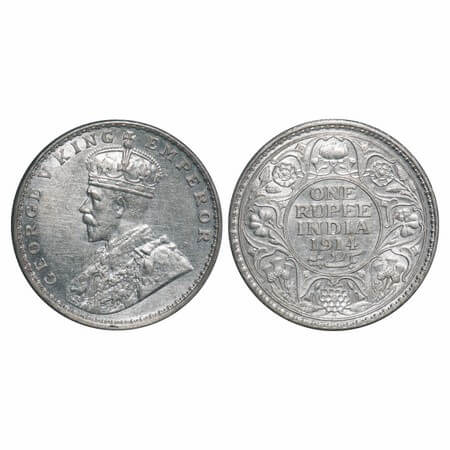 George V, Silver, Rupee, 1914, Bombay Mint, Dot, Elephant. F. Prid 220. GK 1030. Almost Un