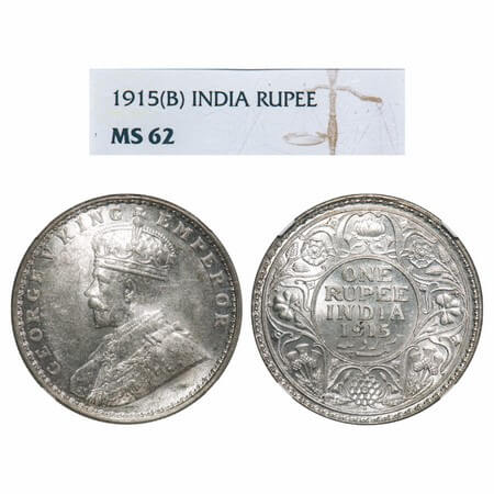 George V, Silver, Rupee, 1915, Bombay Mint, Dot. F. Prid 221. GK 1032. NGC Slabbed MS 62. 