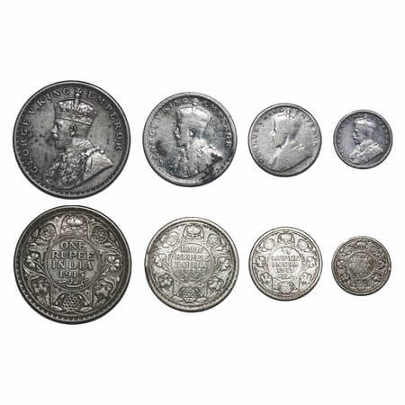 George V, Silver, (4 coins), 1915, 1) Rupee, Bombay Mint, Dot, 2) Half Rupee, Calcutta Min