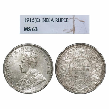 George V, Silver, Rupee, 1916, Calcutta Mint, No dot, Elephant. F. Prid 212. GK 1033. NGC 