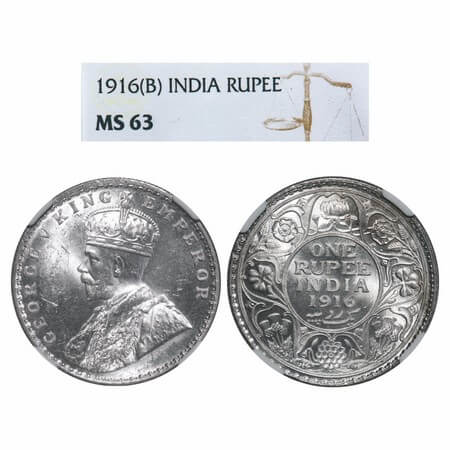 George V, Silver, Rupee, 1916, Bombay Mint, Dot, Elephant. F. Prid 222. GK 1034. NGC Slabb