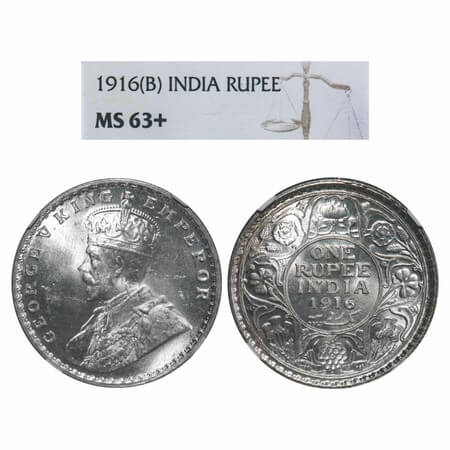 George V, Silver, Rupee, 1916, Bombay Mint, Dot, Elephant. F. Prid 222. GK 1034. NGC Slabb