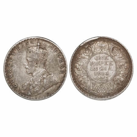 George V, Silver, Rupee, 1916, Bombay Mint, Dot, Elephant, Error, Cud Error on Rev rim edg