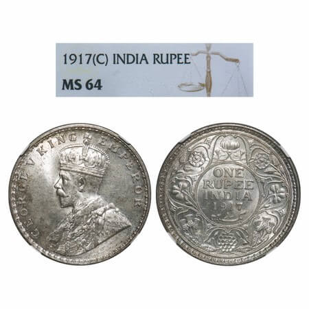 George V, Silver, Rupee, 1917, Calcutta Mint, No dot, Elephant. F. Prid 213. GK 1035. NGC 