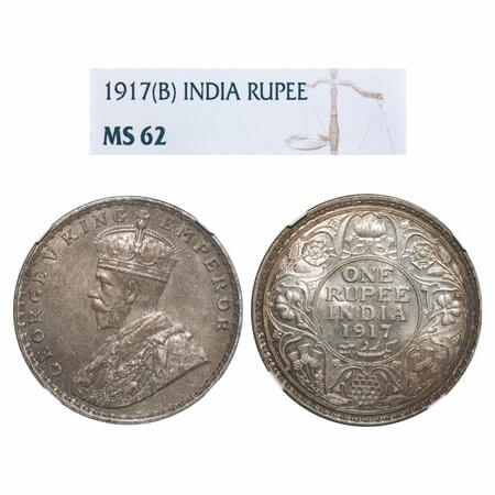 George V, Silver, Rupee, 1917, Bombay Mint, Dot, Elephant. F. Prid 223. GK 1036. NGC Slabb