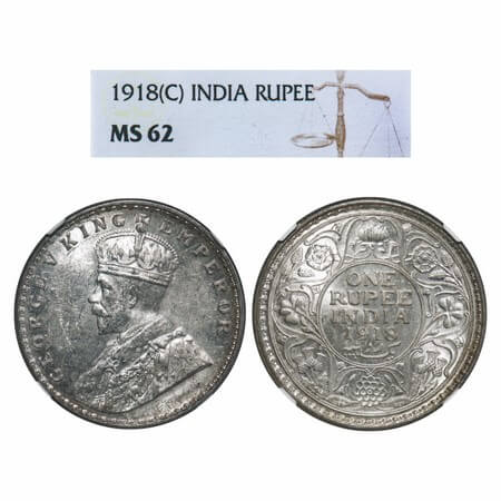 George V, Silver, Rupee, 1918, Calcutta Mint, No dot. F. Prid 214. GK 1037. NGC Slabbed MS