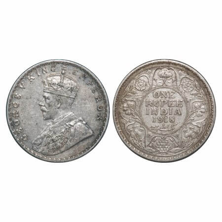 George V, Silver, Rupee, 1918, Bombay Mint, Dot, Elephant, Crudish lettering of letters in