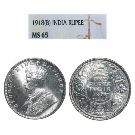 George V, Silver, Rupee, 1918, Bombay Mint, Dot. F. Prid 224. GK 1038. NGC Slabbed MS 65. 